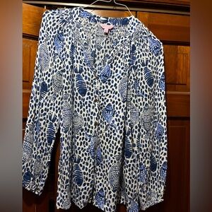Lilly Pulitzer Button Front Elsa Top - Fontaine High Tide Navy Sole Fish Print